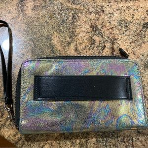 Iridescent shimmery unicorn clutch wristlet purse with clear front for phone use